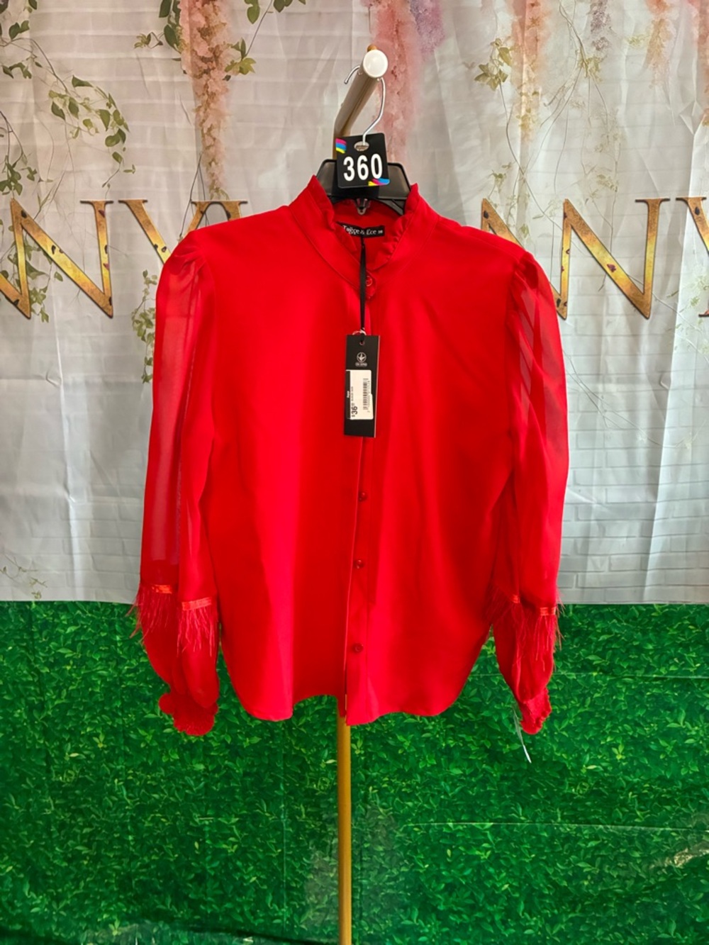 #360 Tuğçe & Ece Red Sheer Sleeve Blouse Size 38 NWT